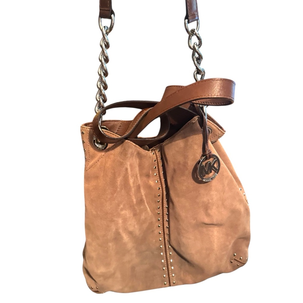 Great MK Michael Kors Diatressed Tan Suede Leather Shoulder Bag purse